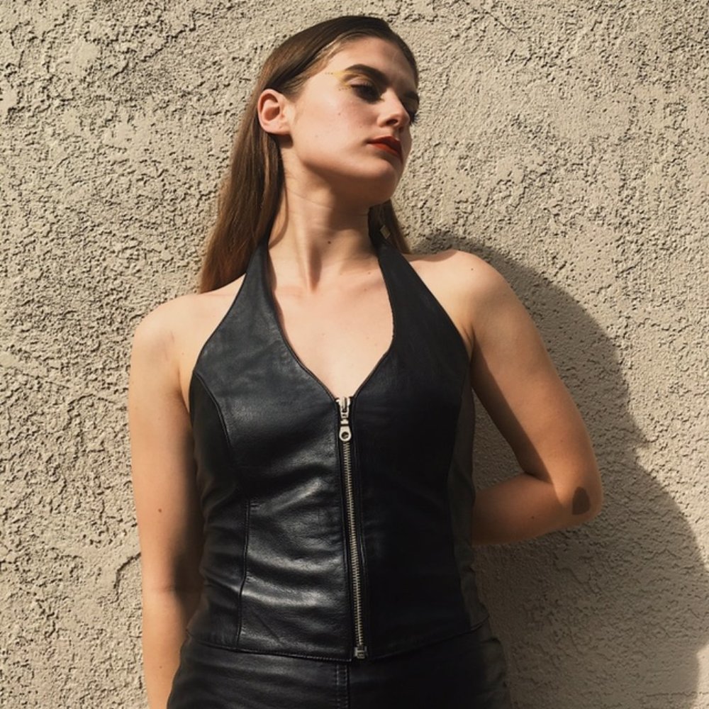 Wilsons Leather Black Leather Zip Up Halter Top